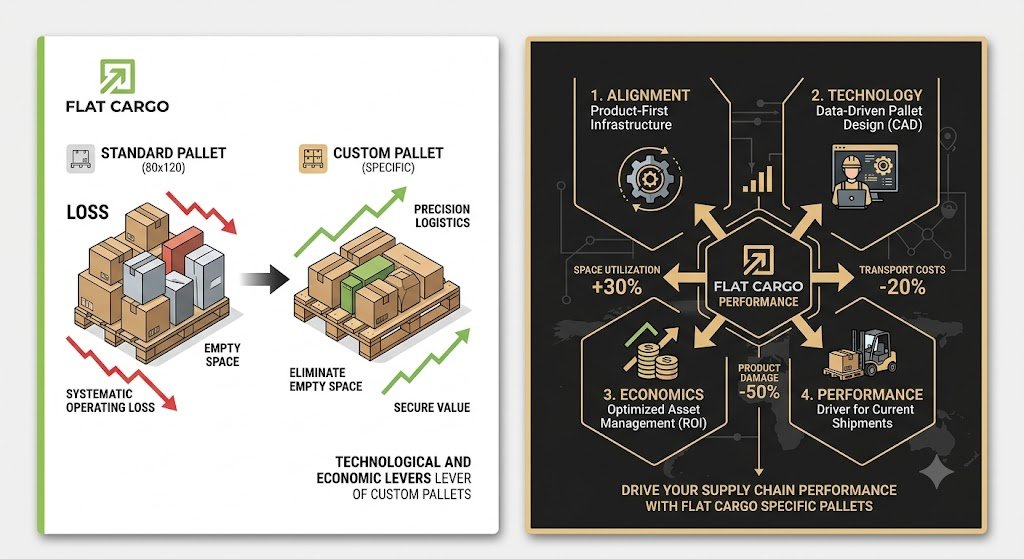 A detailed logistics infographic by Flat Cargo comparing standard and custom pallets. The left panel shows a "Standard Pallet" with a "Systematic Operating Loss" due to "Empty Space," using red downward arrows. This is contrasted with a "Custom Pallet" showing "Precision Logistics," "Eliminate Empty Space," and "Secure Value," with green upward arrows. The right, dark-mode panel, titled "Flat Cargo Performance," outlines the benefits of custom pallets through a hexagonal flow of information: "Alignment," "Technology," "Economics," and "Performance." Key metrics are highlighted: "Space Utilization +30%," "Transport Costs -20%," and "Product Damage -50%."