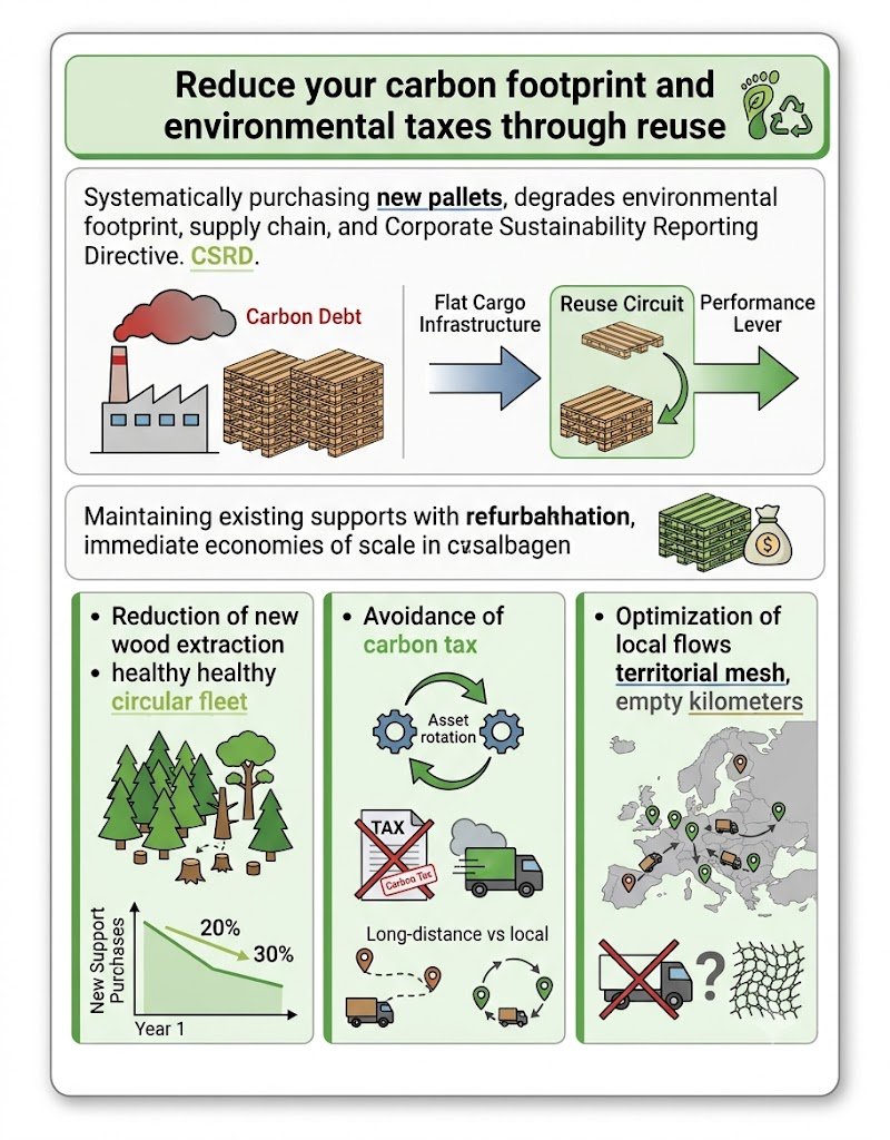 An infographic, branded by Flat Cargo, titled 'STRATEGIC PIVOT: DECARBONIZING CURRENT LOGISTICS WITH SECOND-HAND PALLETS.' The infographic is split into three main panels. The top-left panel focuses on 'PROFITABILITY AND ESG REPORTING FOR YOUR CURRENT FLOWS,' showing a line graph contrasting volatile new wood prices with stable second-hand asset costs, leading to an arrow showing second-hand pallets reducing carbon in 'Current Flows' without sacrificing operational profit. Icons for 'Money Profitability' and 'ESG Compliance.' The bottom-left panel details a 'CIRCULAR LIFECYCLE FOR SUSTAINABLE GOALS,' with a circular flow of 'Use, Collection, Reconditioning, Re-integration' leading to 'Reduced Global Carbon Footprint' for shipments. A button says 'RANGE OF CERTIFIED SECOND-HAND PALLETS.' The entire right panel guarantees 'PERFORMANCE GUARANTEE FOR YOUR CURRENT SHIPMENTS,' securing intensive cycles with robust reconditioned pallets featuring 'visualization of the structural integrity and safety.' It shows a robotic arm moving sturdier pallets through intensive lifecycle loops, with a shield icon for 'Total Safety Current Shipments' and a button for 'SECOND-HAND PERFORMANCE AUDIT.'