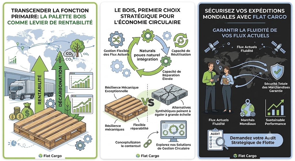 An English infographic by "Flat Cargo" titled "OPERATIONAL EFFICIENCY: THE WOOD PALLET AS A DRIVER FOR PROFITABILITY", composed of three structured vertical panels against a light background with subtle network graphics. Left Panel: Titled "TRANSCENDING THE PRIMARY FUNCTION: THE WOOD PALLET AS A DRIVER FOR PROFITABILITY". A world map background with a truck and a large stack of clean wood pallets. Two rising arrows, "PROFITABILITY" (RENTABILITÉ) and "DECARBONIZATION" (DÉCARBONATION) with a green tree and decreasing CO2 icons, show positive illustrative trends. Two bar charts show increasing efficiency over an illustrative time period. This panel highlights how pallets are a multi-functional strategic tool. Center Panel: Titled "WOOD, THE FIRST STRATEGIC CHOICE FOR THE CIRCULAR ECONOMY". Features multiple circular flow diagrams with gears and a central circular arrow. A large "CIRCULAR ECONOMY" (ÉCONOMIE CIRCULAIRE) loop connects "Capacité de Réutilisation", "Capacité de Réparation Élevée", "Naturel integration", and "Gestion Flexible des Flux Actuels", emphasizing wood's natural role. A visual comparison is present: a whole wooden pallet labeled "Résilience mécanique exceptionnelle" and "Flexible réparabilité", with green tick icons, versus a broken, cracked synthetic alternative pallet labeled "Alternatives Synthétiques peinent à égaler à grande échelle", with a red cross icon. A computer screen and link icon point to "Explore our Circular Management Solutions". This panel argues that wood outperforms other materials in a circular system. Right Panel: Titled "SECURE YOUR GLOBAL SHIPMENTS WITH FLAT CARGO". This panel has a dark blue, night theme. Subtitle "GUARANTEEING THE FLUIDITY OF YOUR CURRENT FLOWS". Visual of a male and female Flat Cargo logistics expert overlooking a world map of flowing connections. Icons for "Sécurité Totale des Marchandises Garantie" (Total Goods Security Guaranteed), "Marchés Mondiaux" (Global Markets), and "Sustainable Performance". Arrows go from the experts to the globe, labeled "Flux Actuels Fluidité". An "AUDIT" checklist and magnifying glass link to "Request your Strategic Fleet Audit". This panel presents Flat Cargo as the strategic partner to optimize and secure logistics networks. The bottom bar features the "Flat Cargo" logo and the website FlatCargoLogistics.com with illustrative network lines. All charts and numbers are illustrative.