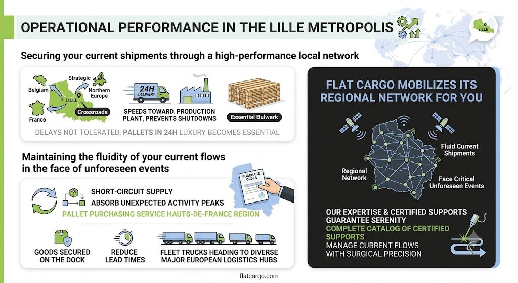 A comprehensive English-language business infographic in a clean corporate flat design style, titled "OPERATIONAL PERFORMANCE IN THE LILLE METROPOLIS." The graphic is divided into three main sections. The first section, titled "Securing your current shipments through a high-performance local network," includes a map of Lille's strategic location relative to France, Belgium, and Northern Europe, with arrows indicating "Crossroads." Icons illustrate "Speedy Toward, Production Plant, Prevents Shutdowns" with a 24H delivery truck, factory, and a stack of pallets labeled "Essential Bulwark." Text reads: "DELAYS NOT TOLERATED, PALLETS IN 24H LUXURY BECOMES ESSENTIAL." The second section, "Maintaining the fluidity of your current flows in the face of unforeseen events," features diagrams and charts with flow funnels and icons. A hand holds a "PURCHASE ORDER," and a "PALLET PURCHASING SERVICE HAUTS-DE-FRANCE REGION" highlights stacked pallets. Callouts list: "SHORT-CIRCUIT SUPPLY," "ABSORB UNEXPECTED ACTIVITY PEAKS." Below, icons show "GOODS SECURED ON THE DOCK," "REDUCE LEAD TIMES," and a fleet of "FLEET TRUCKS HEADING TO DIVERSE MAJOR EUROPEAN LOGISTICS HUBS." The third, dark section on the right is titled "FLAT CARGO MOBILIZES ITS REGIONAL NETWORK FOR YOU" and presents a circular network diagram with interconnected nodes and icons for "Regional Network," "Fluid Current Shipments," "Face Critical Unforeseen Events." Text below states: "OUR EXPERTISE & CERTIFIED SUPPORTS GUARANTEE SERENITY," "COMPLETE CATALOG OF CERTIFIED SUPPORTS," "MANAGE CURRENT FLOWS WITH SURGICAL PRECISION." A robotic arm operates with precision. Subtle glows and background logistical elements are present. Pure text "flatcargo.com" is present on the bottom bar. High detail and resolution.
