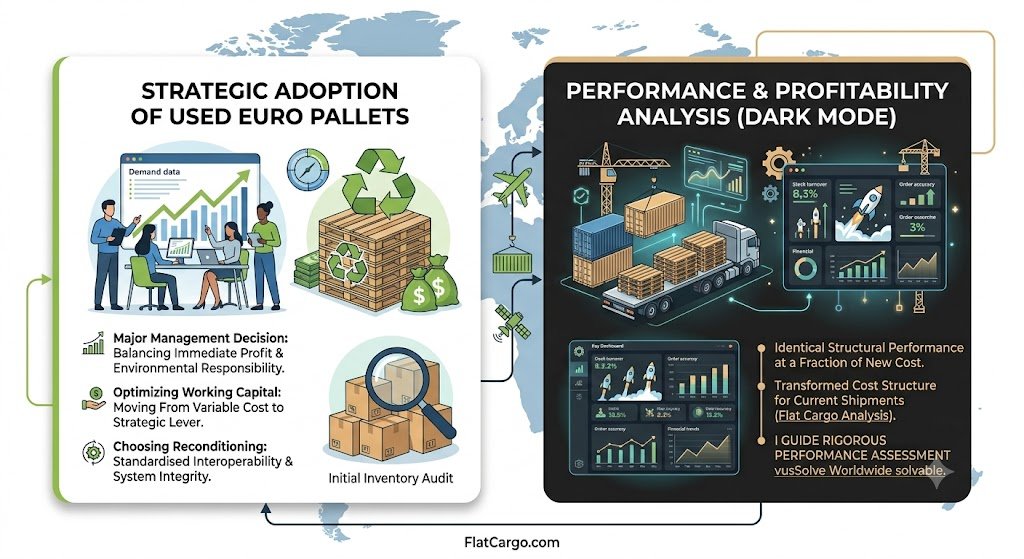 An English-language business infographic in a clean corporate style about the benefits of using used Euro pallets. It has two panels: a left light panel titled 'STRATEGIC ADOPTION OF USED EURO PALLETS' detailing management decisions, reconditioning benefits, and an 'Initial Inventory Audit'; and a right dark-mode panel titled 'PERFORMANCE & PROFITABILITY ANALYSIS (DARK MODE)' showing a loaded truck, crane, rocket, and a detailed interactive dashboard with various performance and financial metrics. The bottom bar says 'FlatCargo.com'.