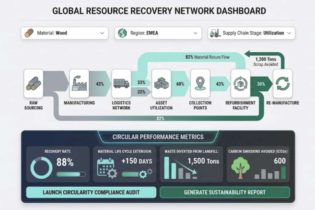 A web browser screenshot displaying a comprehensive digital dashboard titled "GLOBAL RESOURCE RECOVERY NETWORK DASHBOARD". The top section features dropdown filters selected for "Material: Wood," "Region: EMEA," and "Supply Chain Stage: Utilization." The main visualization is a detailed flowchart tracing a circular economy journey, including nodes for "RAW SOURCING," "MANUFACTURING," "LOGISTICS NETWORK," "ASSET UTILIZATION," "COLLECTION POINTS," "REFURBISHMENT FACILITY," and "RE-MANUFACTURE," with percentage flow arrows showing metrics like an 82% material return flow and 1,200 tons of scrap avoided. Below this, a panel labeled "CIRCULAR PERFORMANCE METRICS" presents four data widgets: "RECOVERY RATE" showing 88%, "MATERIAL LIFE CYCLE EXTENSION" showing +150 DAYS, "WASTE DIVERTED FROM LANDFILL" showing 1,500 Tons, and "CARBON EMISSIONS AVOIDED (tCO2e)" showing 600. The dashboard concludes with two call-to-action buttons: "LAUNCH CIRCULARITY COMPLIANCE AUDIT" and "GENERATE SUSTAINABILITY REPORT."