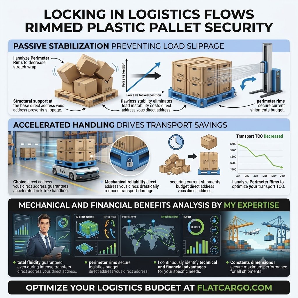 `Infographie stratégique de Flat Cargo intitulée 'LOCKING IN LOGISTICS FLOWS RIMMED PLASTIC PALLET SECURITY'. Elle compare la stabilisation passive prévenant le glissement des charges sur des palettes à rebords vs. sans rebords, montrant une réduction du film étirable et des coûts d'instabilité. Elle illustre comment la manutention accélérée (AGV) avec fiabilité mécanique réduit les dommages de transport et optimise votre TCO transport (avec un graphique de diminution). Mon expertise analyse les bénéfices mécaniques et financiers, identifiant continuellement des avantages techniques pour sécuriser votre budget logistique, même lors de transferts intenses. Optimisez votre budget logistique sur flatcargo.com grâce aux solutions de palettes plastique à rebords.
