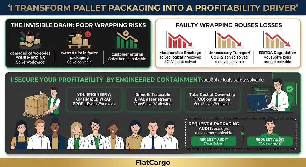 A modern bento-box stacked modules business infographic titled 'I TRANSFORM PALLET PACKAGING INTO A PROFITABILITY DRIVER' (without a colon). Stressed realistic people without glasses (redrawn from problem scenarios) and optimistic realistic people without glasses are visualised. Stacked modules analyze risks and solutions: Top Left 'THE INVISIBLE DRAIN: POOR WRAPPING RISKS'