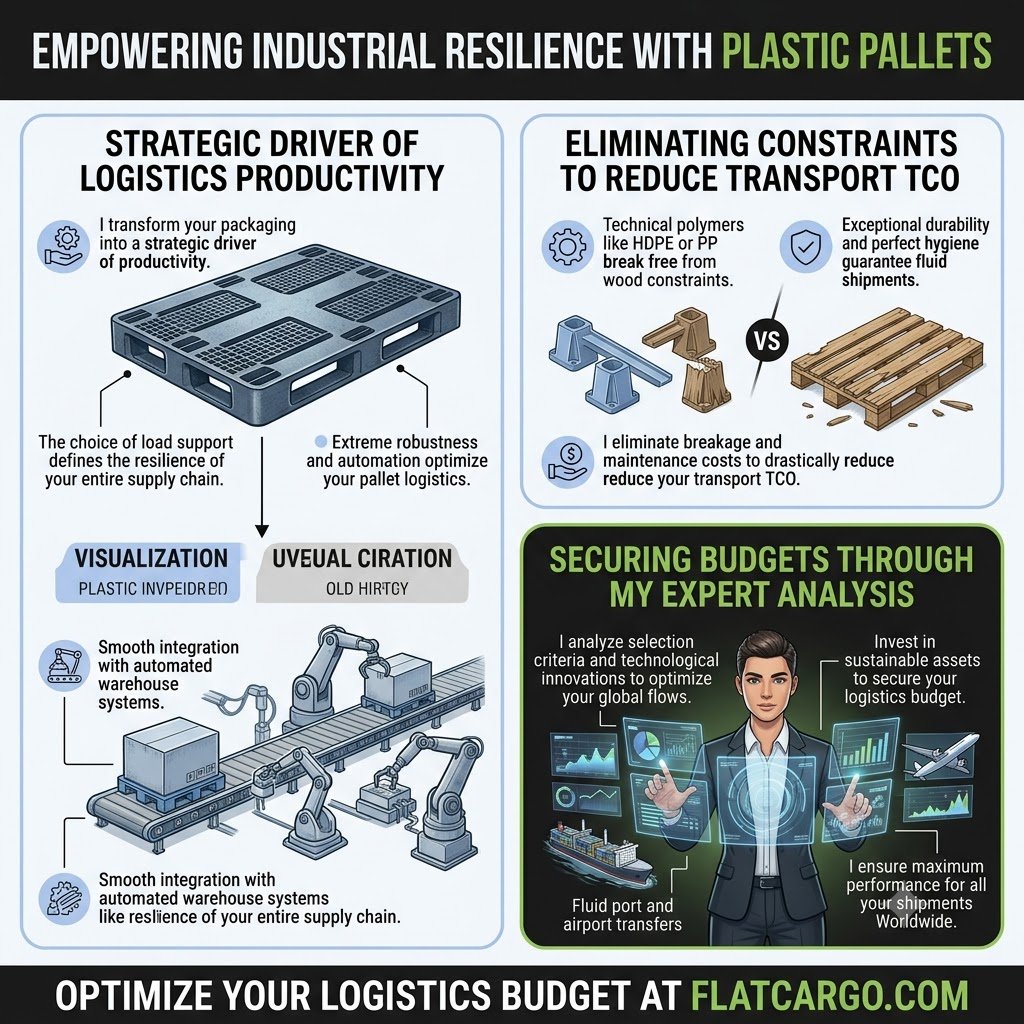 Infographie stratégique multi-panneaux intitulée "EMPOWERING INDUSTRIAL RESILIENCE WITH PLASTIC PALLETS". Elle détaille comment les palettes en plastique agissent comme un moteur de productivité logistique et éliminent les contraintes (durabilité, hygiène, TCO). Les panneaux montrent la visualisation des systèmes d'entrepôt automatisés, les avantages des polymères HDPE et PP, et un expert offrant une analyse pour sécuriser les budgets logistiques via l'analyse des flux mondiaux. Elle compare les palettes plastiques aux palettes bois cassées.