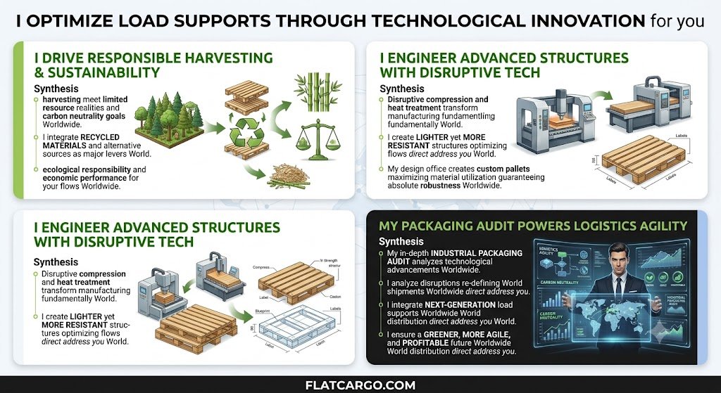 Strategic bento-box infographic from Flat Cargo for you titled 'I OPTIMIZE LOAD SUPPORTS THROUGH TECHNOLOGICAL INNOVATION' (No colon). The top white panel shows I drive responsible wood harvesting and sustainability Worldwide. The second white panel shows I engineer lighter yet more resistant load supports with disruptive compression and heat treatment technologies Worldwide direct address you World distribution direct address you. The bottom dark panel features a singular male expert avatar (no glasses, short dark hair) interacting with holographic logistics data screens. My deep industrial packaging audit powers agilty Worldwide direct address you World distribution direct address you. Call-to-action on the bottom solid strip: FLATCARGO.COM. Professional, corporate design, no colons in titles, and no calendar years in any text.
