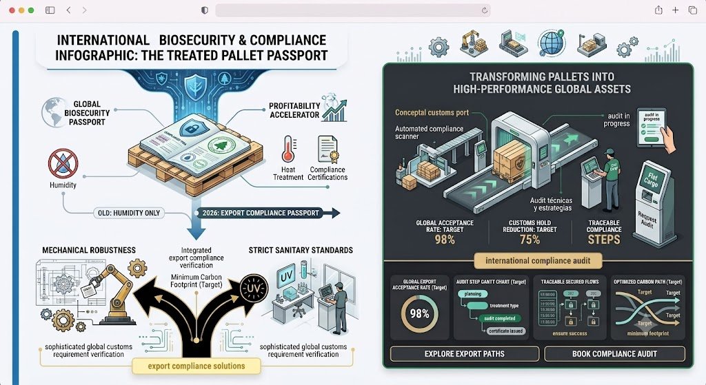 A detailed infographic presented within a web browser view, titled "INTERNATIONAL BIOSECURITY & COMPLIANCE INFOGRAPHIC: THE TREATED PALLET PASSPORT." The central illustration on the left is a booklet labeled "THE TREATED PALLET PASSPORT," resting on a wooden pallet, with flow lines connecting various concepts. On the left side, it details factors like "GLOBAL BIOSECURITY PASSPORT," "PROFITABILITY ACCELERATOR," "Heat Treatment," "Compliance Certifications," "MECHANICAL ROBUSTNESS" (with a robot arm), "STRICT SANITARY STANDARDS" (with a scientist), and a timeline from "OLD: HUMIDITY ONLY" to "2026: EXPORT COMPLIANCE PASSPORT." Buttons are labeled "export compliance solutions." The right side features a detailed process visualization under "TRANSFORMING PALLETS INTO HIGH-PERFORMANCE GLOBAL ASSETS," showing a "Conceptual customs port" and "Automated compliance scanner." Key metrics include "GLOBAL ACCEPTANCE RATE: TARGET 98%," "CUSTOMS HOLD REDUCTION: TARGET 75%," and "TRACEABLE COMPLIANCE STEPS." Specific data widgets below show an "AUDIT STEP GANTT CHART (Target)," "TRACEABLE SECURED FLOWS," and an "OPTIMIZED CARBON PATH (Target)." Buttons at the bottom right are labeled "EXPLORE EXPORT PATHS" and "BOOK COMPLIANCE AUDIT." The Flat Cargo logo is visible throughout.
