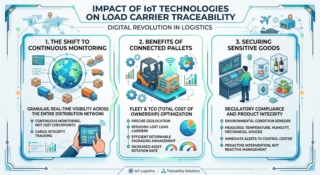 Une infographie numérique détaillée avec trois colonnes verticales distinctes, intitulée "IMPACT OF IoT TECHNOLOGIES ON LOAD CARRIER TRACEABILITY" avec le sous-titre "DIGITAL REVOLUTION IN LOGISTICS". La première colonne de gauche, étiquetée "1. THE SHIFT TO CONTINUOUS MONITORING", présente un globe avec des camions en mouvement, une main tenant une tablette et liste des avantages tels que "GRANULAR, REAL-TIME VISIBILITY ACROSS THE ENTIRE DISTRIBUTION NETWORK", "CONTINUOUS MONITORING, NOT JUST CHECKPOINTS", et "CARGO INTEGRITY TRACKING". La colonne centrale, "2. BENEFITS OF CONNECTED PALLETS", montre un chariot élévateur avec une palette intelligente et des engrenages, des graphiques et liste : "FLEET & TCO (TOTAL COST OF OWNERSHIP) OPTIMIZATION", "PRECISE GEOLOCATION", "REDUCING LOST LOAD CARRIERS", "EFFICIENT RETURNABLE PACKAGING MANAGEMENT", et "INCREASED ASSET ROTATION RATE". La colonne de droite, "3. SECURING SENSITIVE GOODS", affiche un opérateur devant une console de surveillance avec des conteneurs de vaccins, de vin et de légumes, et liste : "REGULATORY COMPLIANCE AND PRODUCT INTEGRITY", "ENVIRONMENTAL CONDITION SENSORS", "MEASURES: TEMPERATURE, HUMIDITY, MECHANICAL SHOCKS", "IMMEDIATE ALERTS TO CONTROL CENTER", et "PROACTIVE INTERVENTION, NOT REACTIVE MANAGEMENT". Le pied de page inférieur porte les logos de "IoT Logistics" et "Traceability Solutions".
