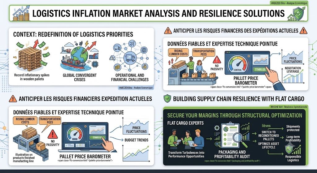An infographic titled 'LOGISTICS INFLATION MARKET ANALYSIS AND RESILIENCE SOLUTIONS'. The context section details rising pallet costs, global crises, and supply chain challenges. It presents a 'PALLET PRICE BAROMETER' to track lumber and transportation fees, aiming for stabilization and negotiation leverage in current shipments. The right side outlines Flat Cargo's solutions for building supply chain resilience and securing margins through structural optimization and packaging audits. This process leads to switching to reconditioned pallets, optimizing asset lifecycles, and achieving protected shipments, long-term profitability, and responsible logistics.