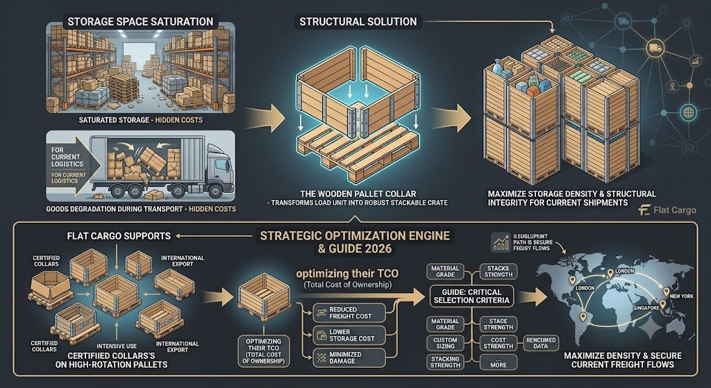 A detailed logistics optimization infographic illustrating problems like saturated storage and damaged goods during transport. It presents a structural solution: using wooden pallet collars to transform load units into robust, stackable crates. This solution leads to maximized storage density and protected goods. A central section on strategic optimization for 2026 outlines benefits like reduced freight costs and lower storage costs, a selection guide, and a world map with secured export routes.