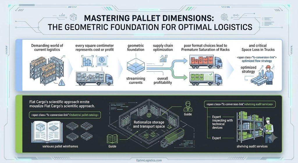 An infographic with technical illustrations and text, in a digital dashboard style with blue and green accents. The main title is "Mastering Pallet Dimensions: The Geometric Foundation for Optimal Logistics." The top, light-colored section contrasts a demanding world of current logistics, cluttered warehouse shelves, and space loss in racks and trucks with optimized, streamlined, and profitable supply chain strategy. Text points include "demanding world of current logistics," "every square centimeter represents cost or profit," "geometric foundation," "overall profitability," "poor format choices lead to Premature Saturation of Racks," "and critical Space Loss in Trucks," showing examples of poor and good loading. The dark, bottom-colored section details Flat Cargo's "scientific approach," featuring an "industrial pallet catalog," warehouse visualization to "rationalize storage and transport space," guide figures, and "shelving audit services" involving experts with technical devices. Text links include an "optimized flow strategy," an "industrial pallet catalog," and "shelving audit services." The OptimLogistics.com logo is in the footer.