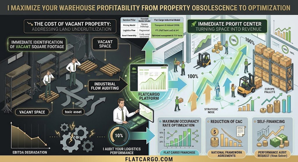 Une infographie d'entreprise bilingue bento-box stacked modules intitulée 'I MAXIMIZE YOUR WAREHOUSE PROFITABILITY FROM PROPERTY OBSOLESCENCE TO OPTIMIZATION' (sans deux-points), visualisée dans un style vectoriel propre. Un homme d'affaires stressé sans lunettes sur le côté gauche sombre montre 'toxic asset', 'EBITDA DEGRADATION', 'INDUSTRIAL FLOW AUDITING'. Le côté droit est lumineux avec des palettes Europe standardisées (1200x800mm, norme EPAL) et des indicateurs de capacité à 100%. Les éléments centraux comprennent la plateforme Flat Cargo, le 'système automatisé de référencement commercial', et des tableaux de bord complets sur les rotations de la flotte de palettes et l'efficacité. Un tableau comparatif détaillé du Service Pillar, du Standard Market Model, et du Flat Cargo Industrial Model avec des points de données comme CEEB, FTL, et TCO, factuellement exact et préservé. Les modules inférieurs incluent 'MAXIMUM OCCUPANCY RATE OPTIMIZATION', 'REDUCTION OF CAC', 'SELF-FINANCING', et un appel à l'action 'REQUEST A PERFORMANCE AUDIT FOR YOUR TRANSPORT FLOWS'. Le nom de marque 'Flat Cargo' en texte pur est présent sur la barre dorée inférieure prestigieuse sans logos graphiques. Aucune année civile n'est mentionnée. Palette de couleurs de verts, bleus, gris, et sable/or. Détail et résolution élevés. Format 16:9.