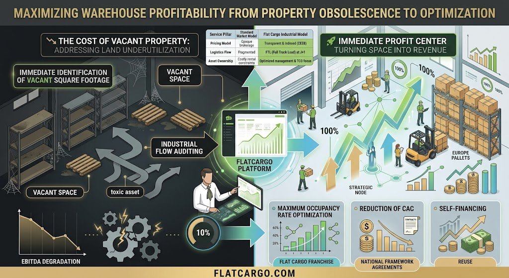 A bento-box stacked modules business infographic titled 'MAXIMIZING WAREHOUSE PROFITABILITY FROM PROPERTY OBSOLESCENCE TO OPTIMIZATION' (no colon), visualised in a modern digital illustration style. The split screen compares a dark, cluttered warehouse of 'THE COST OF VACANT PROPERTY ADDRESSING LAND UNDERUTILIZATION' (toxic asset, EBITDA degradation) with a bright, optimised 'IMMEDIATE PROFIT CENTER TURNING SPACE INTO REVENUE' (strategic node, Europe pallets, high occupancy meters near 100%). Central visual of male expert without glasses interacting with a glowing 'FLATCARGO PLATFORM' console showing rising graph, flow labeled 'INDUSTRIAL FLOW AUDITING'. Below header, a comparison table details pillars: Pricing Model (Transparent & Indexed CEEB), Logistics Flow (FTL at J+1), Asset Ownership (Optimised management & TCO focus), with green highlights. Feature callout panels on bright side: 'MAXIMUM OCCUPANCY RATE OPTIMIZATION', 'REDUCTION OF CAC' (Customer Acquisition Cost), 'SELF-FINANCING'. Pure text FlatCargo.com on bottom gold bandeau without graphical logos. No calendar years. Color palette strict.
