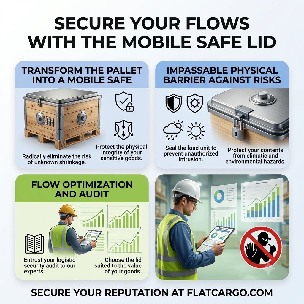 Strategic infographic for Flat Cargo titled 'SECURE YOUR FLOWS WITH THE MOBILE SAFE LID'. The visual explains how transforming a standard pallet base into a secure container with a lid radically eliminates unknown shrinkage and protects the physical integrity of sensitive goods. It highlights the impassable physical barrier against unauthorized intrusion and climatic hazards. The infographic emphasizes flow optimization and includes an expert audit to guide you in choosing the lid suited to the value of your goods. Secure your reputation on flatcargo.com.