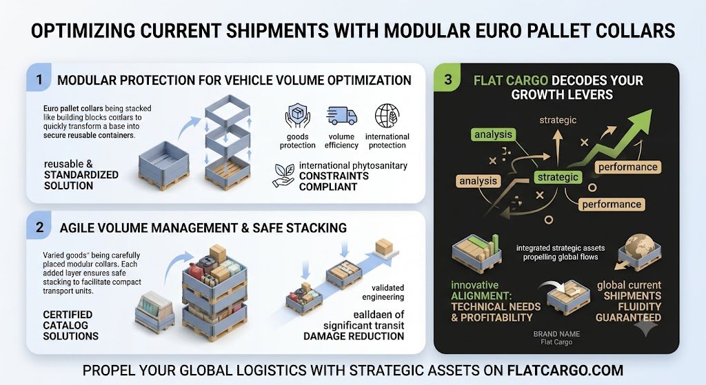 Strategic infographic for Flat Cargo illustrating how modular Euro pallet collars optimize your current shipments. The visual details the transformation of a standard load base into a secure, reusable container to maximize vehicle volume capacity while strictly complying with international phytosanitary constraints. It emphasizes agile volume management through safe stacking, and explains how my industrial packaging audit decodes your growth levers to propel your supply chain toward sustainable performance. Propel your global logistics with strategic assets on flatcargo.com.