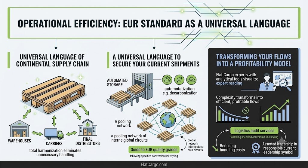 Infographic about operational efficiency using EUR standard pallets by Flat Cargo. It illustrates a Euro pallet harmonizing connections between warehouses, carriers, and final distributors to eliminate unnecessary handling. Sections show integration with automated storage and decarbonization, a global pooling network, and a logistics profitability model transforming complexity into efficient, profitable flows with analytics and audit services.