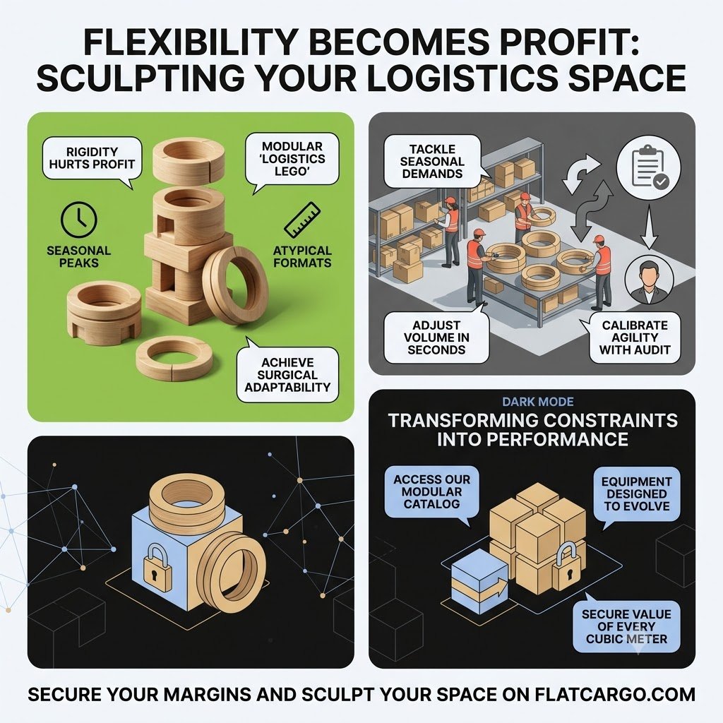 Infographie d'entreprise Flat Cargo en format carré, intitulée 'FLEXIBILITY BECOMES PROFIT: SCULPTING YOUR LOGISTICS SPACE'. Elle montre comment la modularité opérationnelle des rehausses palettes, comparées à un 'Lego logistique', permet d'adapter instantanément le volume aux pics saisonniers et aux formats atypiques. Le visuel souligne l'importance de l'agilité calibrée via mon audit expert pour sécuriser la valeur de chaque mètre cube grâce à des équipements évolutifs de notre catalogue modulaire. Sécurisez vos marges logistiques sur flatcargo.com.