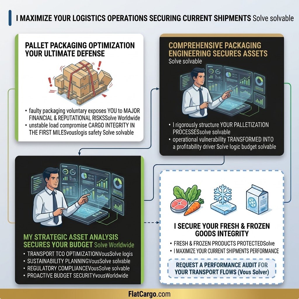 Une infographie d'entreprise bento-box stacked modules intitulée 'I MAXIMIZE YOUR LOGISTICS OPERATIONS SECURING CURRENT SHIPMENTS Solve solvable' (sans deux-points). Les modules supérieurs comprennent 'PALLET PACKAGING OPTIMIZATION YOUR ULTIMATE DEFENSE' (sans deux-points) avec une cargaison instable et 'COMPREHENSIVE PACKAGING ENGINEERING SECURES ASSETS Solve solvable' (sans deux-points) avec un expert sans lunettes interagissant avec des données holographiques d'ingénierie globale. Les points clés s'adressent directement à l'utilisateur ('vous/you'). Le module inférieur CTA dit 'REQUEST A PERFORMANCE AUDIT FOR YOUR TRANSPORT FLOWS (Vous Solver) Solve Worldwide' (sans deux-points) dans une boîte pointillée. Le footer contient la marque pure text 'FlatCargo.com' sur une barre prestige gold. Pas de logo graphique Flat Cargo. Illustration vectorielle moderne dans les tons de bleu profond, sable/or et vert. Pas d'années spécifiques mentionnées. format carré 1:1.