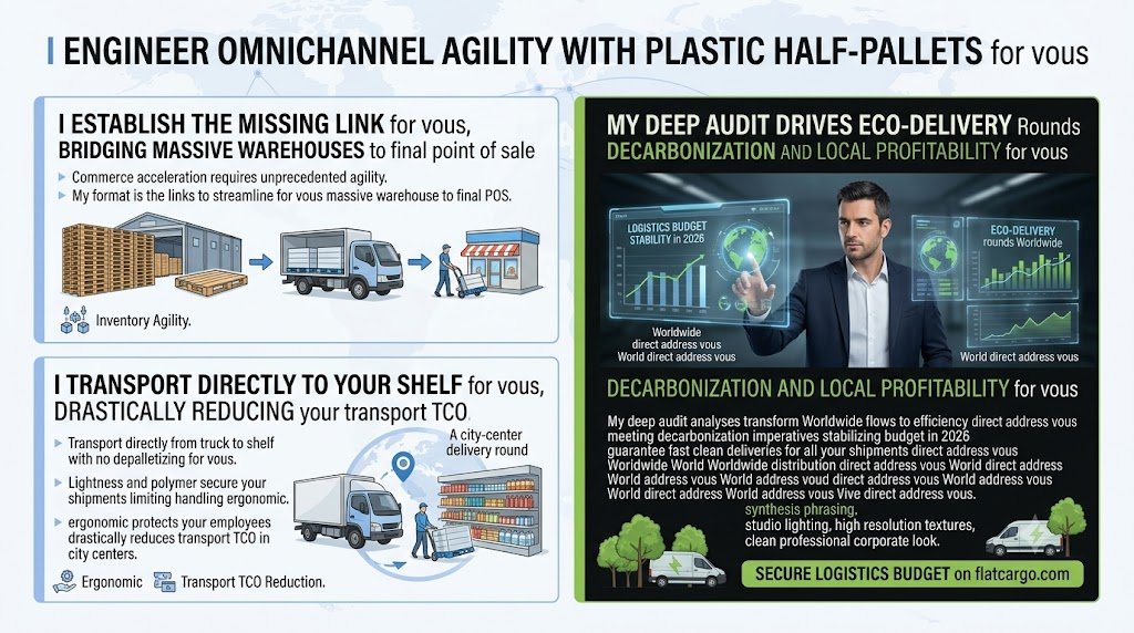 `Infographie stratégique de Flat Cargo en format 9:16 vertical, intitulée 'I STREAMLINE OMNICHANNEL FLUIDITY WITH PLASTIC HALF PALLETS' (Je rationalise la fluidité omnicanale avec des demi-palettes en plastique), sans deux-points. Elle visualise comment j'établis le lien manquant pour vous, reliant les entrepôts massifs aux points de vente finaux en rationalisant la logistique. Le visuel montre le transport direct du camion vers le rayon sans dépalettisation, soulignant comment je sécurise vos expéditions pour vous, protège vos employés et réduit drastiquement votre TCO transport lors des tournées en centre-ville. Mon audit approfondi analyse et transforme vos flux mondiaux en un modèle d'efficacité pour vous, répondant aux impératifs de décarbonation de la chaîne d'approvisionnement tout en stabilisant votre budget logistique pour vous. L'expert analyste masculin (sans lunettes) est présent dans la section d'analyse sur fond noir avec des tableaux de bord pour la stabilité budgétaire en 2026. Appel à l'action : SECURE LOGISTICS BUDGET sur flatcargo.com.