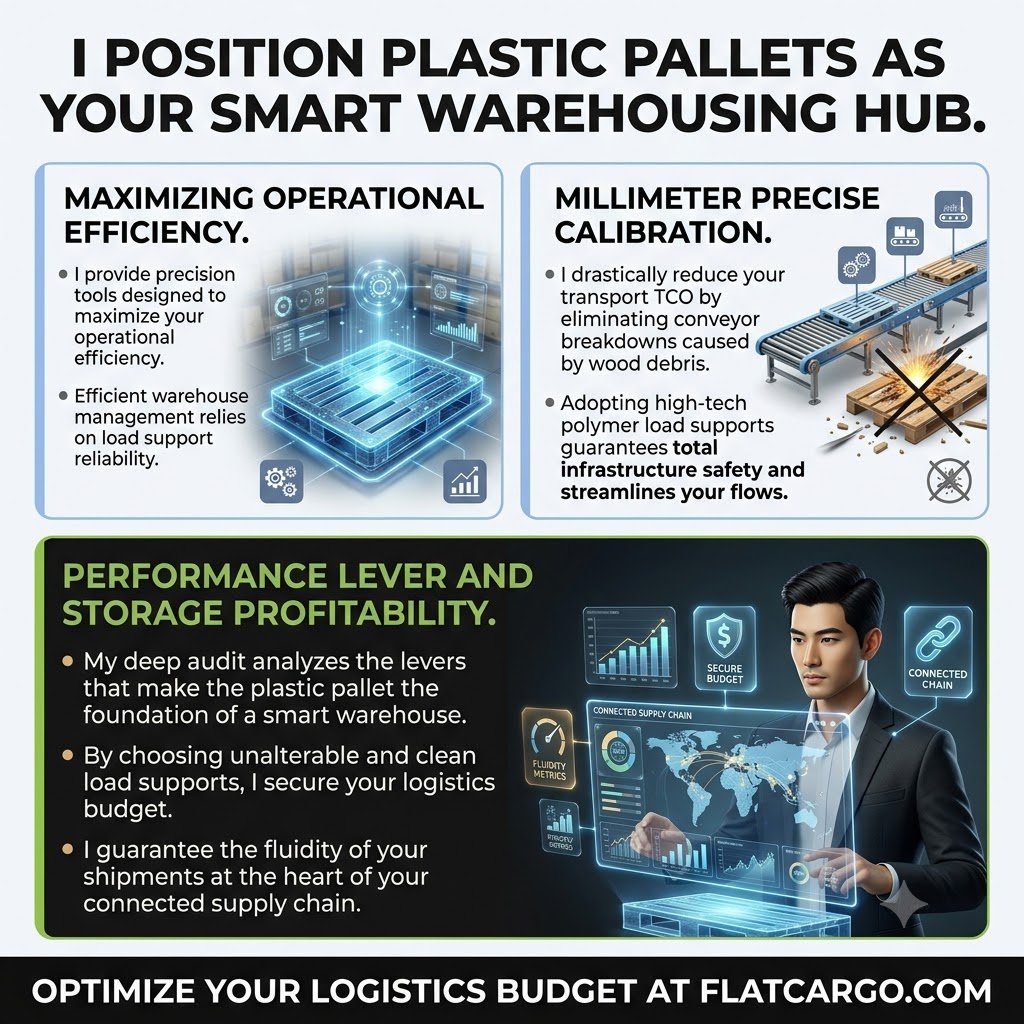 Strategic infographic for Flat Cargo titled 'I POSITION PLASTIC PALLETS AS YOUR SMART WAREHOUSING HUB'. I demonstrate how the warehouse plastic pallet acts as a precision tool to maximize your operational efficiency. The visual highlights millimeter precise calibration for automation, showing how I drastically reduce your transport TCO by eliminating conveyor breakdowns caused by wood debris. My deep audit analyzes performance levers to secure your logistics budget and guarantee the fluidity of your shipments within your connected supply chain. Optimize your logistics budget at flatcargo.com.