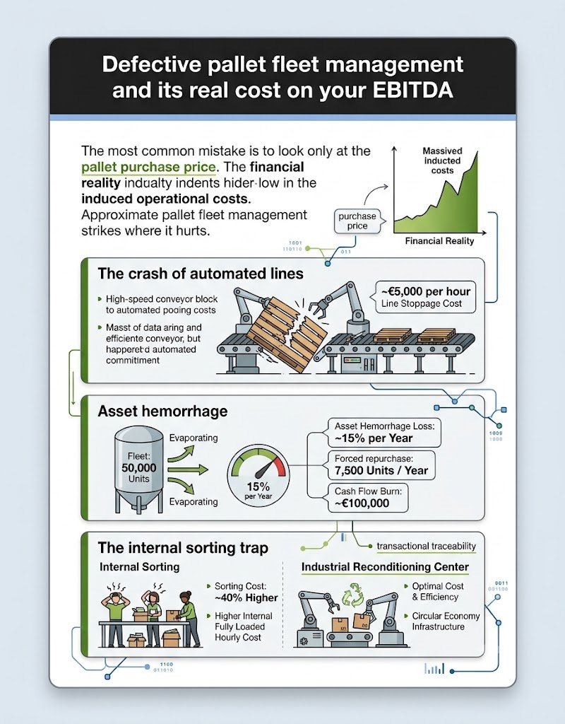 `An infographic detailing the negative EBITDA impact of poor pallet management, illustrating automated line crash at €5,000/hr, 15% annual asset loss and forced repurchase of 7,500 units, and the 40% higher cost of internal sorting versus efficient industrial reconditioning.