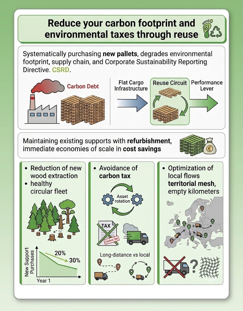 An infographic by Flat Cargo titled 'Reduce your carbon footprint and environmental taxes through reuse'. It visualizes the transition from purchasing new pallets, labeled as 'Carbon Debt' with a smoking factory and large stack, to a circular 'Reuse Circuit' and 'Performance Lever' enabled by Flat Cargo. The bottom section detalles three core benefits: first, 'Reduction of new wood extraction' with a forest and a graph showing 20% to 30% reduction in new support purchases; second, 'Avoidance of carbon tax' through 'Asset rotation' and optimized 'Long-distance vs local' transport, featuring a crossed-out tax form; and third, 'Optimization of local flows' using a 'territorial mesh' and localized loops on a map of Europe to reduce 'empty kilometers', illustrated by a crossed-out empty truck.