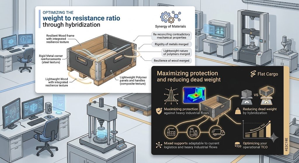 Une infographie d'ingénierie détaillée illustrant une rehausse de palette hybride multi-matériaux de Flat Cargo dans un environnement de laboratoire R&D avancé. La rehausse est montrée en vue explosée et annotée pour mettre en évidence la synergie des matériaux : structure en bois résilient, renforts d'angle en métal rigide, et panneaux en polymère léger. L'infographie comprend des diagrammes d'analyse de performance analysant l'optimisation du rapport poids-résistance, comparant une rehausse standard à la version hybride sur des balances pour visualiser la réduction du poids mort. Des graphiques de stress montrent la maximisation de la protection contre les flux industriels lourds, tandis que des icônes d'agilité opérationnelle et une barre de budget symbolisent l'adaptabilité aux secteurs sensibles et l'optimisation du TCO opérationnel. L'environnement du laboratoire comprend des équipements de test de stress, des microscopes et des stations d'ingénierie avec des interfaces holographiques de conception assistée par ordinateur. Le style est une photo-illustration technique propre avec des textures de matériaux réalistes et des accents lumineux.