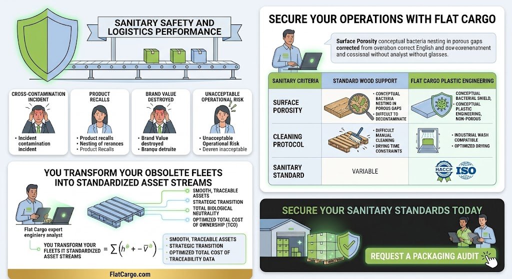 A modern corporate vector business infographic, entirely in correct English, divided into distinct sections. At the top center, a shieldguards a clean production line with the header: 'SANITARY SAFETY AND LOGISTICS PERFORMANCE' (no colon). The left side is a problem analysis with generic stressed avatars **without glasses** under translated English headers: 'CROSS-CONTAMINATION INCIDENT', 'PRODUCT RECALLS', 'BRAND VALUE DESTROYED', 'UNACCEPTABLE OPERATIONAL RISK'. The lower-left expert and formula box, redrawn to feature a consistent single male expert analyst **without glasses**, holds correct formula text conceptualizing the idea of standardizing obsolete fleets with clean English points like: 'YOU TRANSFORM OBSOLETE FLEETS INTO STANDARDIZED ASSET STREAMS', 'SMOOTH, TRACEABLE ASSETS', 'STRATEGIC TRANSITION', 'TOTAL BIOLOGICAL NEUTRALITY', 'OPTIMIZED TOTAL COST OF OWNERSHIP (TCO)', with corrected traceability labels. The top-right section is a comparison table translated to 'SECURE YOUR OPERATIONS WITH FLAT CARGO' (translated and colon removed, no other messy text) redrawn to feature the single consistent male expert analyst visual above it. All non-sense English and all French is corrected. The table column headers are: 'SANITARY CRITERIA', 'STANDARD WOOD SUPPORT', 'FLAT CARGO PLASTIC ENGINEERING'. Rows are: 'SANATORY CRITERIA' (cells with corrected 'CONCEPTUAL BACTERIA NESTING IN POROUS GAPS' and 'CONCEPTUAL BACTERIAL SHIELD, CONCEPTUAL PLASTIC ENGINEERING, NON-POROUS'), 'CLEANING PROTOCOL' (cells with corrected 'DIFFICULT MANUAL CLEANING, DRYING TIME CONSTRAINTS' and conceptual 'OPTIMIZED INDUSTRIAL WASHING, FULL DECONTAMINATION'), 'SANITARY STANDARD' (cells with corrected 'VARIABLE' and 'HACCP & ISO COMPLIANT' badges visual). The bottom-right section is a final call-to-action redrawn to feature the single consistent male expert analyst without glasses. All non-sense English is corrected. The translated header reads: 'SECURE YOUR SANITARY STANDARDS TODAY' (no colon). Points list is in clean English. The large green button reads: 'REQUEST A PACKAGING AUDIT'. Warehouses show safe goods with shields. No calendar years are present in any data. A color palette of Flat Cargo Green, light blue, charcoal, sand/gold, and white. Clean modern topography, rounded boxes, subtle glows. The bottom bandeau with pure text 'FlatCargo.com' on a gold bar visual, no graphical logos, no colon.