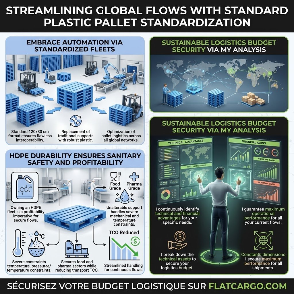 Strategic infographic for Flat Cargo titled 'STREAMLINING GLOBAL FLOWS WITH STANDARD PLASTIC PALLET STANDARDIZATION'. The visual explains how standard 120x80 cm plastic pallets replace traditional supports to optimize global transport networks and embrace automation in warehouses. It details how HDPE durability ensures sanitary safety, protects food and pharma sectors, and handles severe constraints to reduce transport TCO. My deep audit analysis continuously identifies technical and financial advantages for your specific needs, as I break down technical assets to secure your logistics budget. Constant dimensions I secure maximum operational performance for all current shipments worldwide. I guarantee flawless flow profitability. Streamline global flows at flatcargo.com with specialized Flat Cargo analysis.