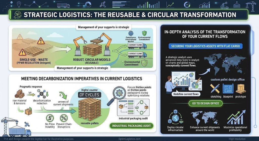 A modern corporate infographic visualizing "Strategic Logistics: The Reusable & Circular Transformation". It illustrates the shift from single-use waste pallets to robust, circular, reusable ones managed by robotics. Key sections include: "Meeting Decarbonization Imperatives in Current Logistics" with cycle counters for reusable pallets, industrial packaging audits, and securing current shipments to prevent volatility and chain disruptions (with an audit call to action); and a dark-themed "In-Depth Analysis" box showing a strategic analyst using advanced data tools to redefine current flows, supported by Flat Cargo's custom design office, blueprints, prototypes (with a design office call to action), and visualizing deploying circular infrastructure, enhancing global shipments, and maximizing operational profitability. The style is clean, modern, and illustrative with glowing elements.