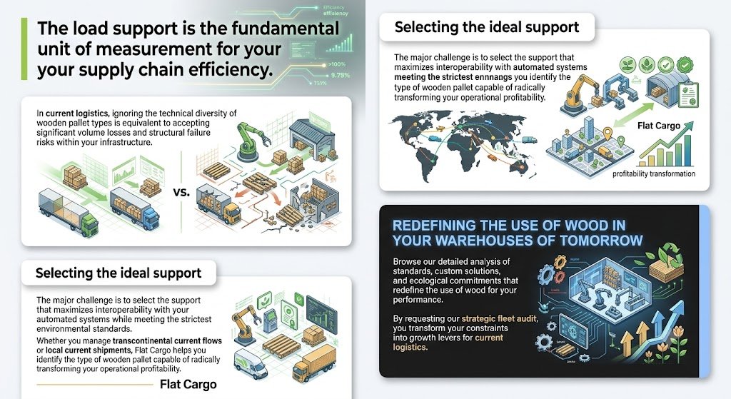 A comprehensive, four-panel infographic about optimizing supply chain efficiency through wooden pallet management. The top-left panel states, "The load support is the fundamental unit of measurement for your supply chain efficiency," contrasting a chaotic, manual sorting area with an organized, automated conveyor system to reduce volume loss. The top-right panel, "Selecting the ideal support," focuses on transcontinental and local shipments using "Flat Cargo" services, featuring a world map and a robotic arm leading to a profitability graph. A similar condensed panel is on the bottom-left. The dark-themed bottom-right panel, "REDEFINING THE USE OF WOOD IN YOUR WAREHOUSES OF TOMORROW," visualizes a futuristic, automated warehouse with ecological integration, a percentage indicator, and growth arrows. The footer includes "SUPPLY CHAIN SOLUTIONS" and "© 2026."