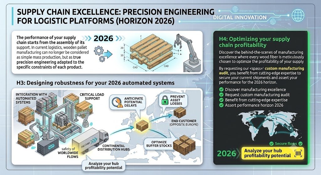 A detailed supply chain excellence and digital innovation infographic for 2026 logistics platforms. The infographic is split into three main panels. The top-left panel, with a green border, details how High-Capital Opacity is being replaced by 2026 Asset-Light Transparency, supported by a gears timeline. The bottom-left panel, with sand and blue borders, illustrates European traceability optimizing TCO and strategic aspects, using RFID and IoT on standard load supports (ship, plane, container) across a European freight network map. The right panel, with a blue and green border, is titled 'Mastering Your Logistics Assets on a European Scale,' featuring a green capability checklist, a table comparing a high CAPEX Traditional Carrier against a low CAPEX Flat Cargo Hub (double-digit target margin, controlled risk), and an Optimized TCO graph showing 75% Storage and 40% Shipment Gains. A black button at the bottom-right reads 'BECOME A PARTNER.' The entire image uses clean vector illustrations on a light blue grid background with global shipping symbols.