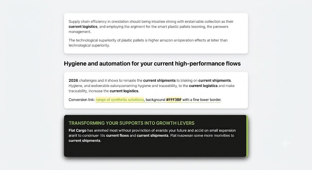 A graphical representation with three stacked text panels against a clean white background. The top panel, in light grey, contains placeholder-like text about supply chain efficiency and smart plastic pallets. The middle panel, in white, features a main bold title: 'Hygiene and automation for your current high-performance flows' with body text about traceability, current logistics, and a highlighted green text link 'range of synthetic solutions'. The bottom dark panel has a main bold title: 'TRANSFORMING YOUR SUPPORTS INTO GROWTH LEVERS' and placeholder-like text mentioning 'Flat Cargo', 'current flows', and 'current shipments'."