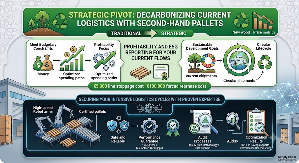 An English infographic by Supply Chain Solutions, titled "STRATEGIC PIVOT: DECARBONIZING CURRENT LOGISTICS WITH SECOND-HAND PALLETS," presented on a modern glowing card. The infographic compares a traditional path with a strategic pivot. The top-left panel details 'PROFITABILITY AND ESG REPORTING FOR YOUR CURRENT FLOWS,' showing traditional paths focusing on budgetary constraints and profitability with upward graphs, money bags, and gears, leading to optimized spending. The top-right panel details the strategic focus, showing Sustainable Development Goals (a tree with the UN SDG wheel), current shipments, a circular lifecycle (CO2 globe with rotation), and circular shipments, including an internal text bubble 'Asset rotation and optimization.' A central green banner highlights key costs: €5,000 line stoppage cost and €100,000 forced repurchase cost. The lower section details the process under 'SECURING YOUR INTENSIVE LOGISTICS CYCLES WITH PROVEN EXPERTISE,' featuring robotic arms, conveyor systems, and certified pallets, with steps for Safe and Reliable, a Performance Guarantee with 99% Uptime and Guaranteed Throughput, generic 'Audit Processes' with Step-by-Step Methodology and Data Analysis, 'Audits' with a chart, and 'Optimization Results' with ROI and Savings Reports and Performance Benchmarking. The footer shows 'Supply Chain Solutions | 2026' with glowing text and a network design.