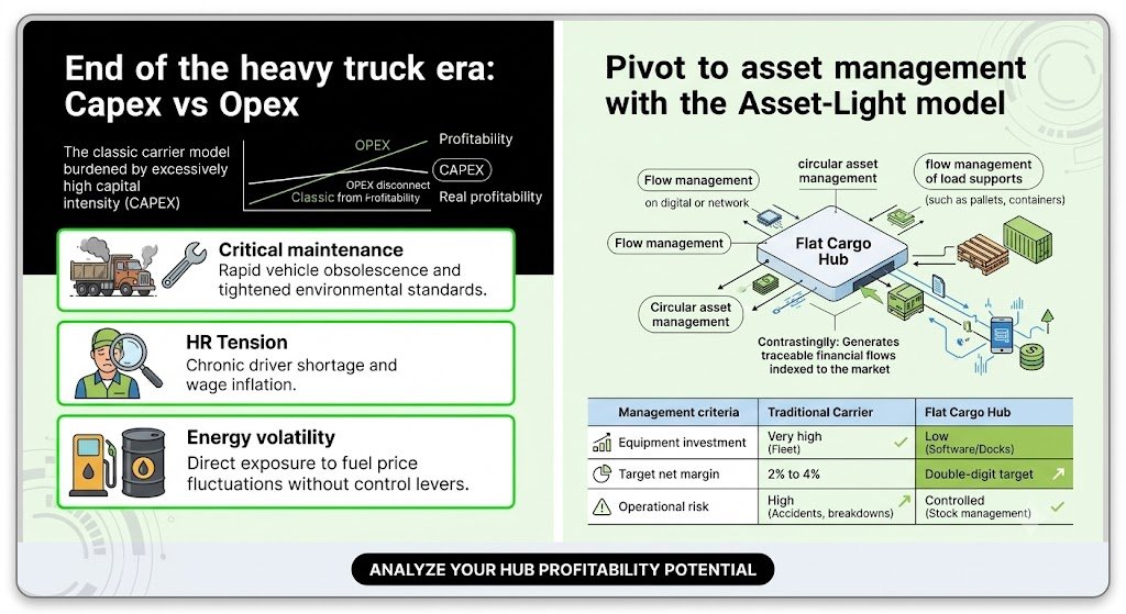 A comprehensive infographic in English detailing the shift from traditional transportation to an asset-light model. The visual is split into two primary sections. The top section, under the title "End of the heavy truck era: Capex vs Opex," describes the problems with high capital investment (CAPEX) for traditional carriers. It includes a diagram showing that Operating Expenditure (OPEX) is disconnecting from real profitability. Three green-outlined text boxes with icons highlight specific challenges: "Critical maintenance," "HR Tension," and "Energy volatility." The bottom section, with the title "Pivot to asset management with the Asset-Light model," presents the solution. It features a modern conceptual diagram of a "Flat Cargo Hub" as the centerpiece, which, as the infographic states, "Generates traceable financial flows indexed to the market." Surrounding the hub, the diagram illustrates multiple flows and processes, including "Flow management on digital or network," "Circular asset management," and "flow management of load supports (such as pallets, containers)." Directly below the diagram, a detailed comparison table with a blue header contrasts key management criteria: Equipment investment: Traditional Carrier is "Very high (Fleet)," while Flat Cargo Hub is "Low (Software/Docks)." Target net margin: Traditional Carrier has a low margin of "2% to 4%," while Flat Cargo Hub targets a "Double-digit target." Operational risk: Traditional Carrier has "High (Accidents, breakdowns)," while Flat Cargo Hub has a "Controlled (Stock management)" risk. The entire panel is contained within a grey border, and at the very bottom, a bold black call-to-action button reads: "ANALYZE YOUR HUB PROFITABILITY POTENTIAL."
