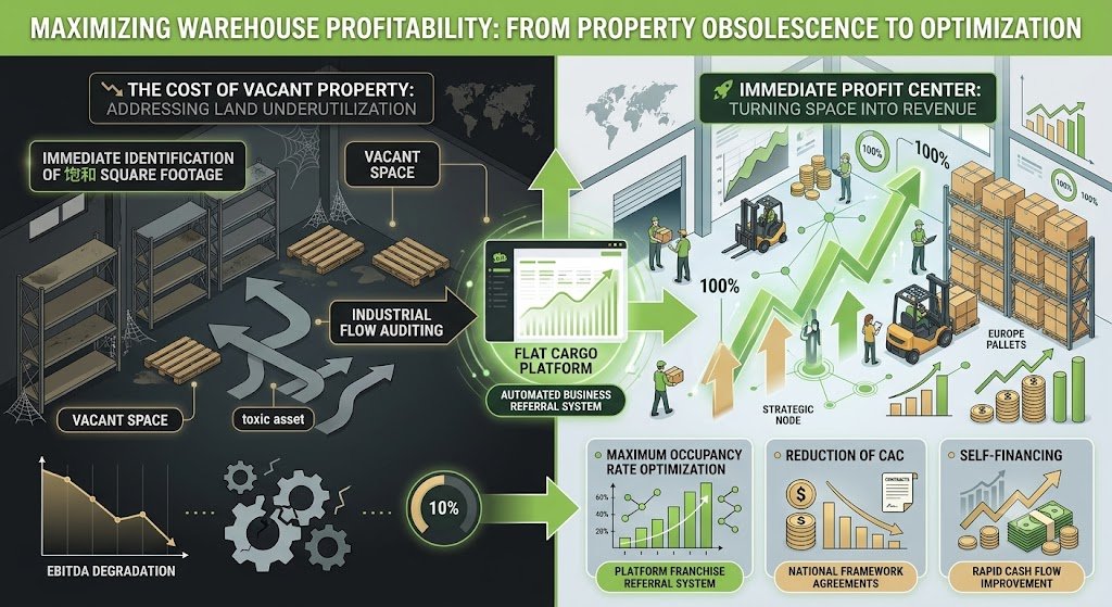 Infographie illustrant la transformation d'un entrepôt vacant et inefficace en un centre de profit optimisé grâce à la plateforme Flat Cargo. Elle détaille comment l'audit des flux industriels et le système automatisé de la plateforme maximisent le taux d'occupation, réduisent le coût d'acquisition client et améliorent la trésorerie.