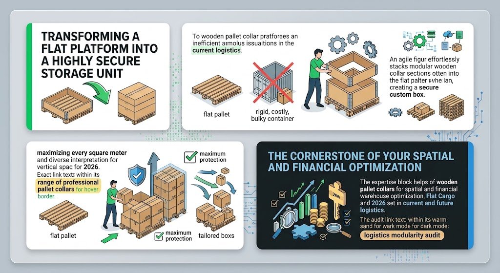 A graphical representation by Flat Cargo showing how modular wooden pallet collars transform a standard flat pallet into a flexible, highly secure storage unit. The infographic contrasts these collars, described as a 'Strategic & Agile Solution' for modular volumes, against 'Rigid & Bulky' containers. Key panels highlight maximizing warehouse space for 2026, offering features like 'Maximum Protection', 'Secure locking', and efficient 'Diverse Current Flows' management, with a link to a professional catalogue. A final dark-mode section, 'THE CORNERSTONE OF YOUR SPATIAL AND FINANCIAL OPTIMIZATION', details Flat Cargo’s expertise in spatial and financial optimization using checklists and growth charts, and includes a link for a logistics modularity audit. Highlighted terms include 'Current logistics', '2026', and 'Flat Cargo'.
