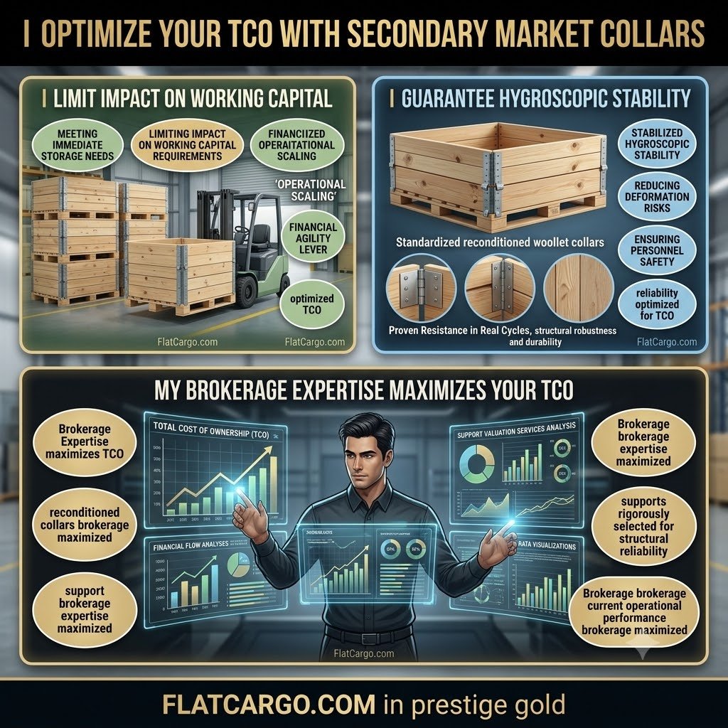 A detailed bento-box business infographic titled 'I OPTIMIZE YOUR TCO WITH SECONDARY MARKET COLLARS' (without a colon), in stacked modules. It visualizes how I provide financial agility through reconditioned logistics supports on the secondary market. The top-left module 'I LIMIT IMPACT ON WORKING CAPITAL' shows used wooden pallet collars meeting immediate storage needs, with conceptualized financial agility bubbles and operational scaling visual. The top-right module 'I GUARANTEE HYGROSCOPIC STABILITY' highlights standardized used batches showing real cycle durability, reduced deformation risks, and ensuring personnel safety. The wide lower DARK MODE module 'MY BROKERAGE EXPERTISE MAXIMIZES YOUR TCO' is steered by a singular male expert analyst without glasses using complex interactive holographic dashboards to analyze support valuation services and working capital optimization. Charts, TCO financial flow analyses, and conceptualized bubbles validate the structural agility. flatcargo.com is present on each module. The solid lower bar contains flatcargo.com in prestige gold majuscules (all caps). Square format (1:1), sleek corporate style, green, sand/gold, and blue colors. No calendar years.