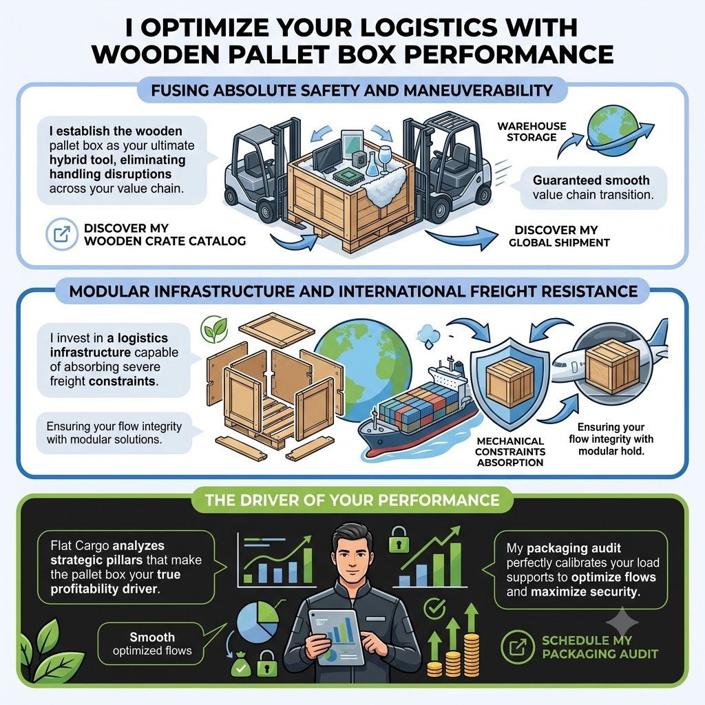 An English-language infographic for 'Flat Cargo' titled 'OPTIMIZE YOUR LOGISTICS WITH WOODEN PALLET BOX PERFORMANCE'. The top blue panel, 'FUSING ABSOLUTE SAFETY AND MANEUVERABILITY,' shows forklifts moving a loaded pallet box. Quoted descriptive text states, 'I establish the wooden pallet box as your ultimate hybrid tool,' with buttons linking to 'Discovery My Wooden Crate Catalog' and 'Discovery My Global Shipment'. The middle blue panel, 'MODULAR INFRASTRUCTURE AND INTERNATIONAL FREIGHT RESISTANCE,' displays a globe, modular wooden parts, a freighter ship, and an airplane. Body text explains, 'I invest in a logistics infrastructure capable of absorbing severe freight constraints' and 'Ensuring your flow integrity with modular solutions,' highlighting 'MECHANICAL CONSTRAINTS ABSORPTION'. The bottom green panel, 'THE DRIVER OF YOUR PERFORMANCE,' features a singular 'Flat Cargo' analyst without glasses working with graphs and a tablet. Body text details, 'Flat Cargo analyzes strategic pillars,' 'Smooth optimized flows,' and 'My packaging audit perfectly calibrates your load supports to optimize flows and maximize security'. A prominent button links to 'SCHEDULE MY PACKAGING AUDIT'. The entire image uses no colons in titles.