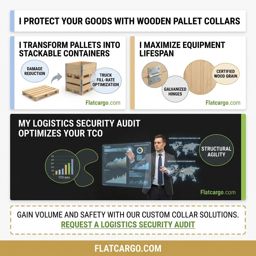 A detailed bento-box business infographic titled 'I PROTECT YOUR GOODS WITH WOODEN PALLET COLLARS' (without a colon), in stacked modules. It visualizes how I structure logistics protection and agility. The top-left module 'I TRANSFORM PALLETS INTO STACKABLE CONTAINERS' shows a simple wooden pallet being equipped with modular wooden collars, displaying conceptualized bubbles for damage reduction and truck fill-rate optimization. The top-right module 'I MAXIMIZE EQUIPMENT LIFESPAN' highlights close-ups of galvanized hinges and certified wood. The lower DARK MODE module 'MY LOGISTICS SECURITY AUDIT OPTIMIZES YOUR TCO' is steered by a singular male expert analyst without glasses using an interactive holographic dashboard to analyze transport TCO and load stability. Charts, worldwide logistics distribution flow analyses, and conceptualized bubbles validate the structural agility. The dashed call-to-action box emphasizes volume and safety. The solid lower bar contains flatcargo.com in prestige gold uppercase letters. Square format (1:1), sleek corporate style, green, sand/gold, and blue colors.