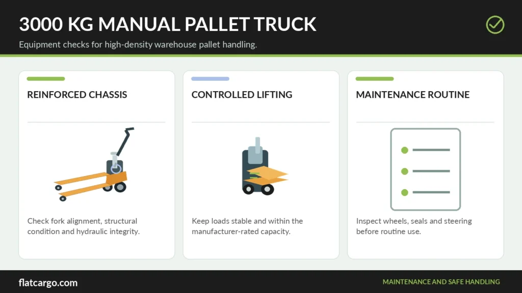 3000kg manual pallet truck infographic illustrating reinforced chassis, controlled hydraulic lifting and maintenance checks.