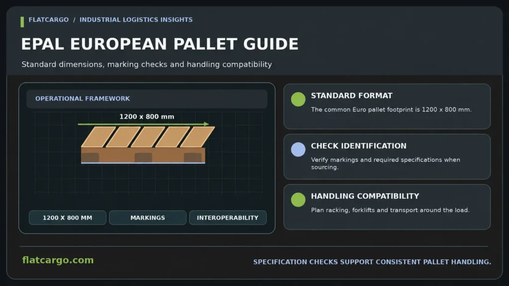 EPAL European pallet guide infographic describing the 1200x800 mm Euro pallet format, identification checks and handling compatibility.