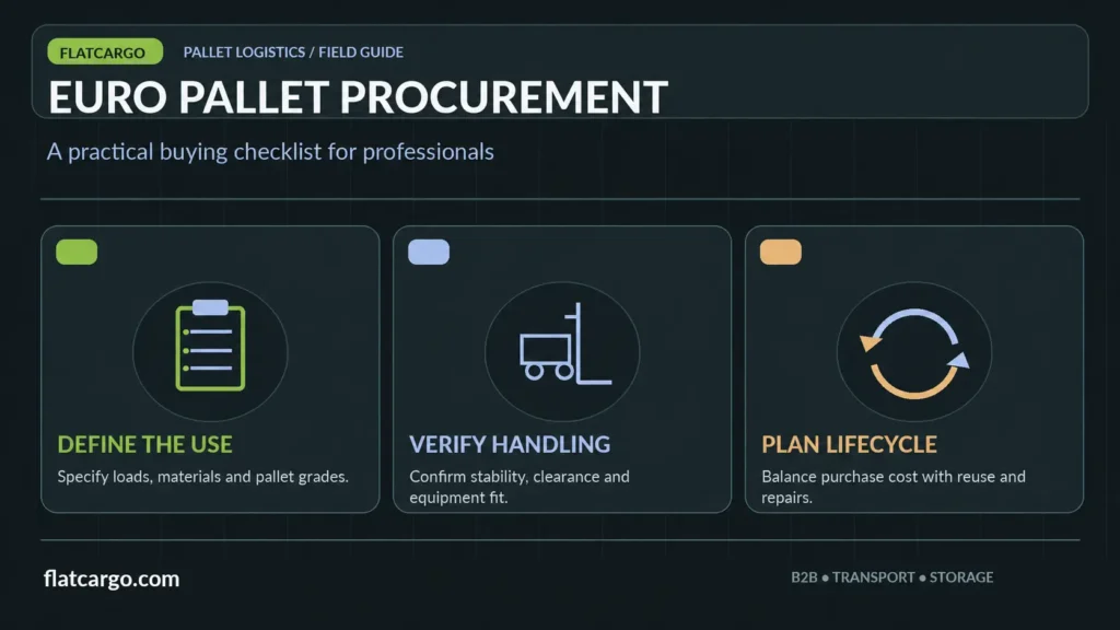 Euro pallet procurement infographic illustrating pallet specification, warehouse handling compatibility and lifecycle purchasing considerations.