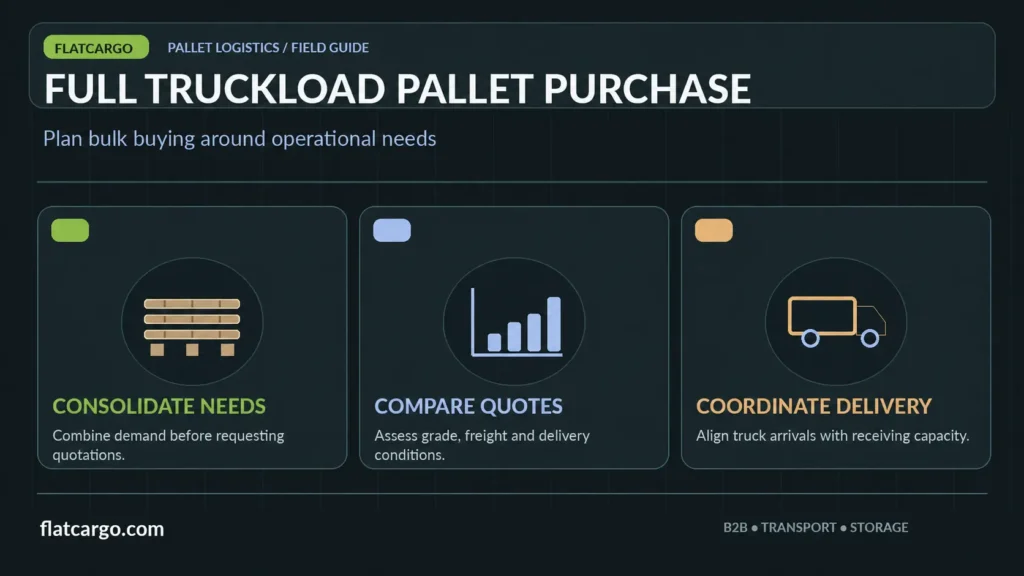 Full truckload pallet purchase infographic illustrating consolidated purchasing volumes, freight quotations and coordinated deliveries.