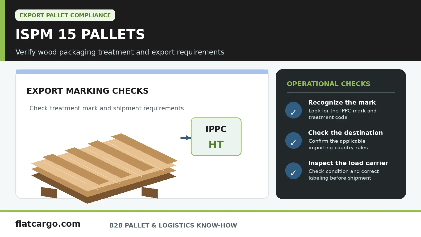 ISPM 15 pallets infographic illustrating IPPC heat treatment markings, export checks and wood packaging inspection.