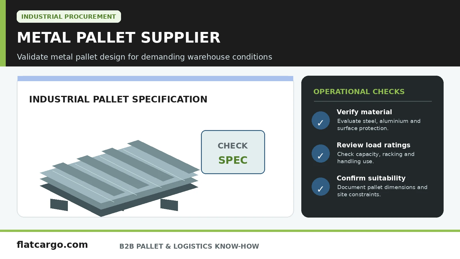 Metal pallet supplier infographic illustrating metal pallet specifications, load rating checks and warehouse suitability.