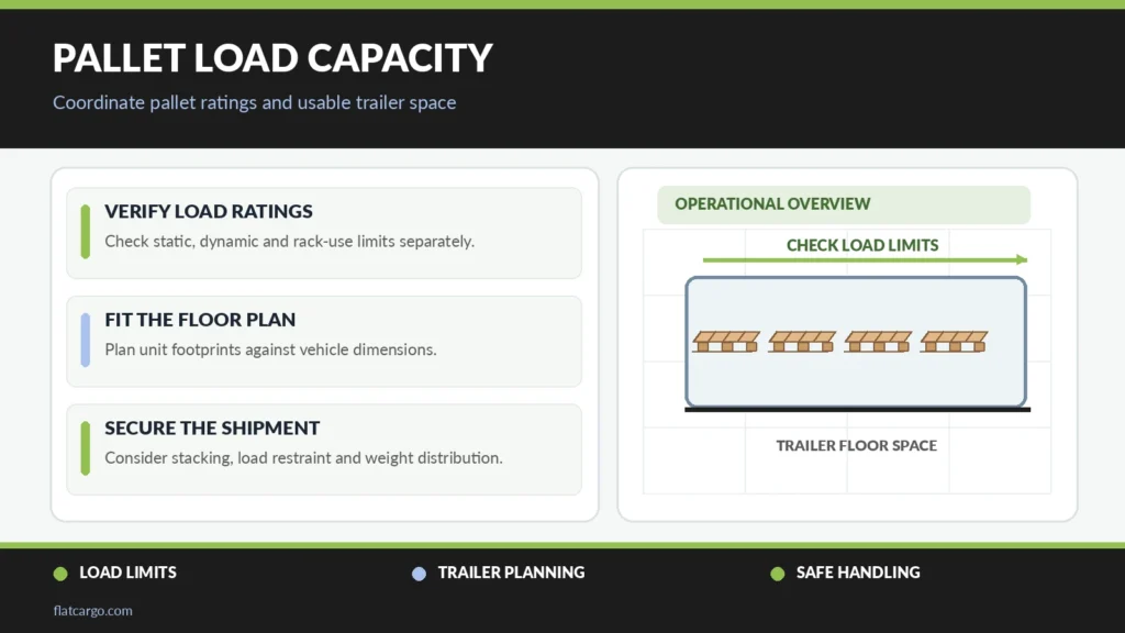 Pallet load capacity infographic illustrating rated loads, trailer floor space, load distribution and safe handling.