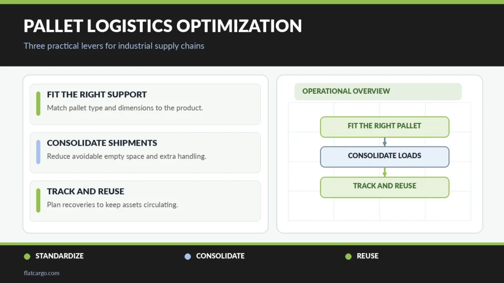 Pallet logistics optimization infographic illustrating pallet selection, consolidated loads and reusable pallet tracking.