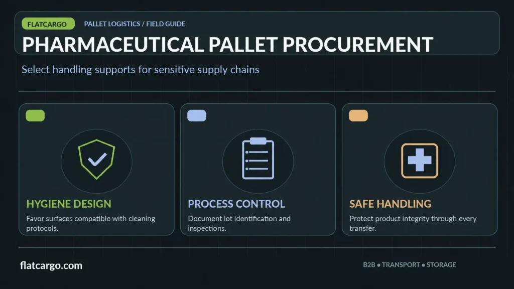 Pharmaceutical pallet procurement infographic illustrating cleanable surfaces, lot traceability and controlled handling procedures.