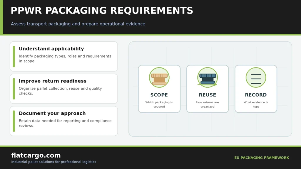 PPWR packaging infographic explaining scope review, reusable transport packaging and documented pallet return processes.